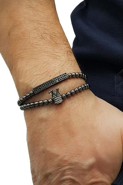 Chavin Μαύρο Piece 2 Pack Crown Stone Γυναικείο Ανδρικό Βραχιόλι Ei23sy