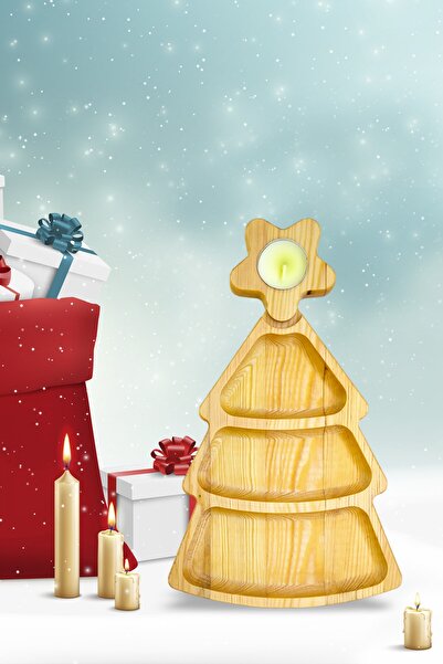 BİLWOOD Wooden Pine Tree Snack Bowl 3 Compartments Decorative Serving Plate with Candle Holder Single