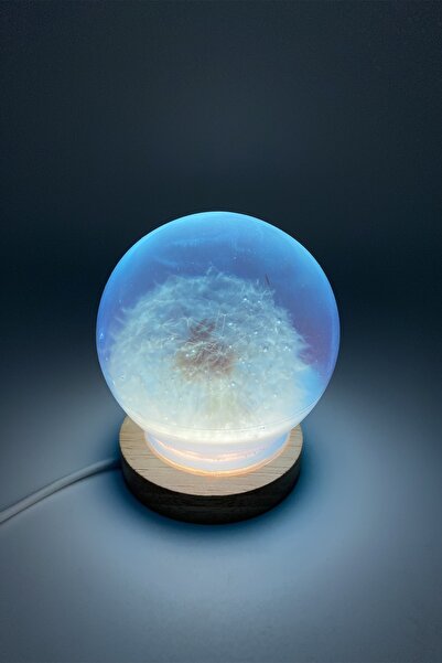 Jewesto Özel Tasarım Karahindiba Detaylı Yuvarlak Epoksi Gece Lambası