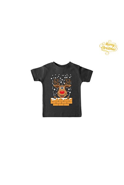 HediyeMania Tricou negru de Crăciun Căprior care se uită prin perete Tricou i...