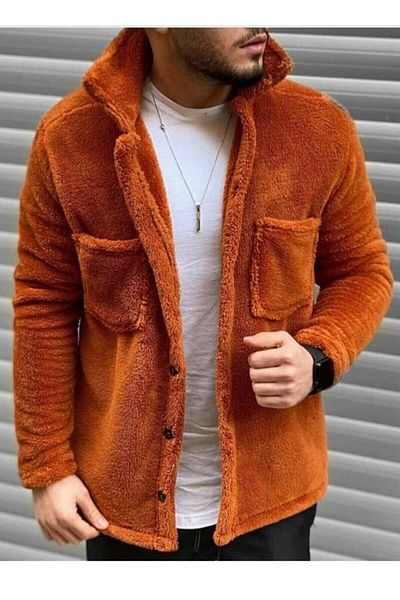 STILL GİYİM Unisex κανονική εφαρμογή με λεπτομέρεια τσέπης με κουμπιά βελούδινο παλτό πορτοκαλί