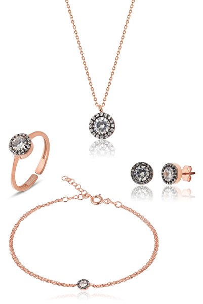 Zanaatsilver 925 Ayar Gümüş Rose Kaplamalı Elmas Montürlü 4'li Set & Takım