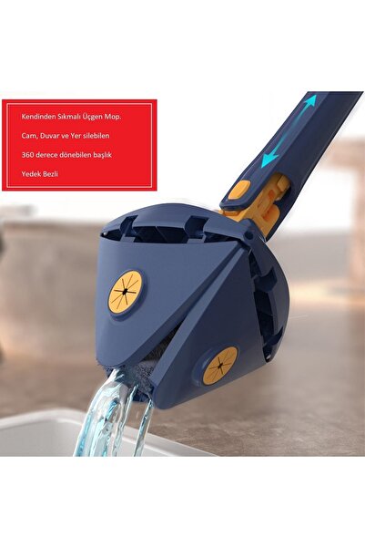GELDİMİCOM Kendinden Sıkmalı Üçgen Mop Cam Duvar Yer Silebilen Yedek Mikrofiber Bezli Paspas