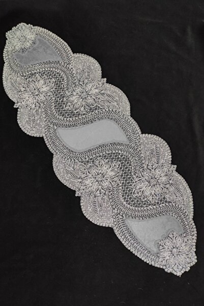 Çt Çeyizci Tekstil عداء طاولة مخملي من الدانتيل الفرنسي باللون الرمادي - عداء فردي وغطاء وأعلى