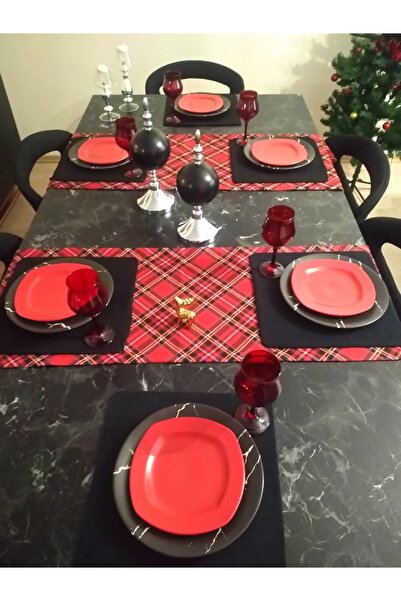 Ayşemce Πρωτοχρονιάτικο Αμερικάνικο Σετ Τραπεζαρίας με 6 Μαύρα Τετράγωνα Πιάτ...