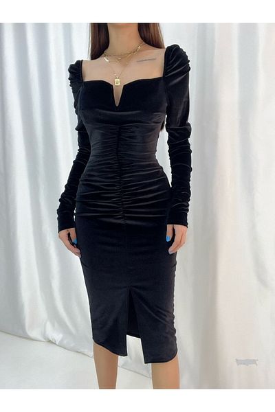 Secret Passion Lingerie Flexible Velvet Fabric, Low-cut Chest, Open Back Slit Detailed Midi Length Evening Dress 582275 719