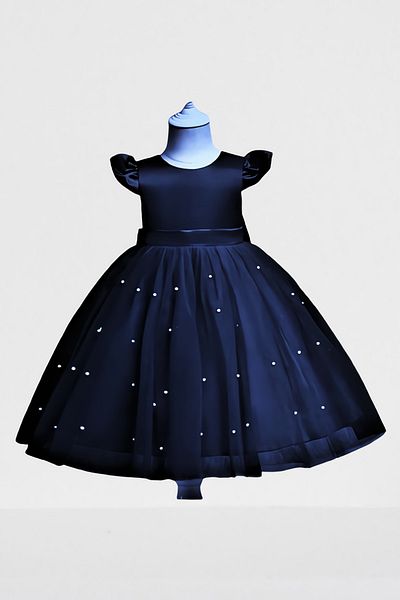 nsmkidslife Bow Detailed Navy Blue Girl's Birthday Wedding Graduation Prom Dress