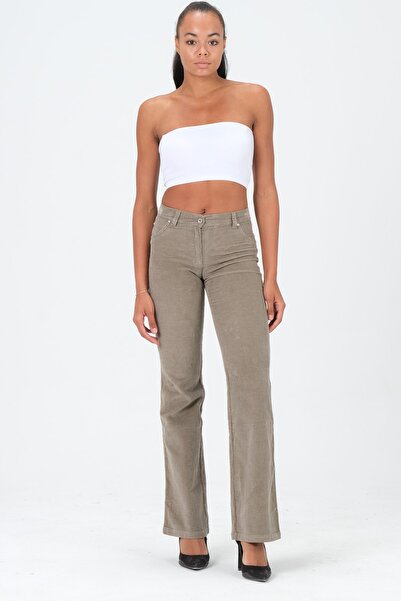 Barkaist Kadın Vizon Normal Bel Boru Paça Fitilli Kadife Pantolon