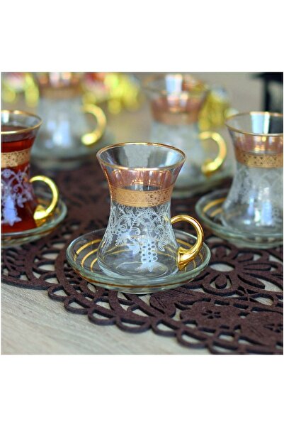 Elen Hediyelik Gravür Desenli Kulplu Çay Seti Altın