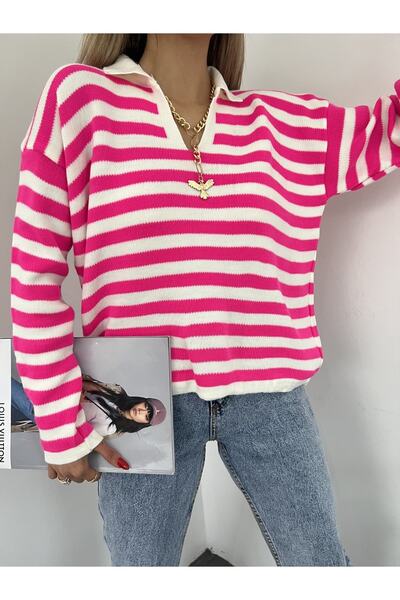 Jose Clothing Pulover de damă roz neon alb cu guler polo cu mânecă lungă în dungi