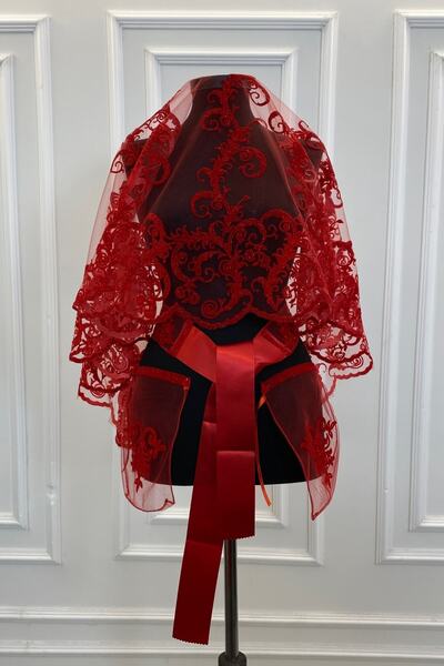 ZEYMERADE طقم حجاب زفاف طويل منقوش باللون الأحمر اللامع، حجاب الحناء