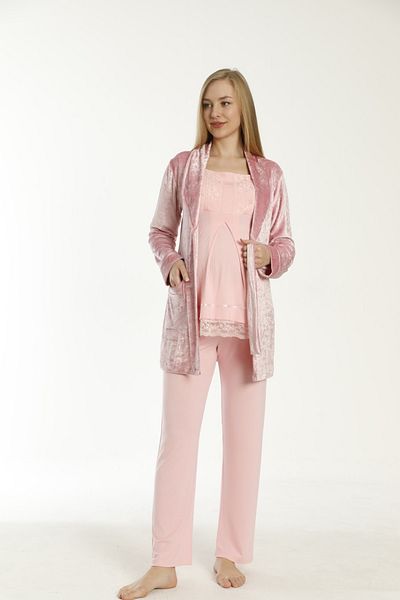 Miss Dünya Lissa Pink Velvet Maternity and Maternity Pajamas Set with Dressing Gown