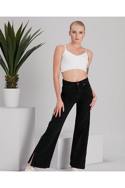SHEVEGA Black High Waist Wide Leg Ripped Flare Jeans Wide Leg Jeans