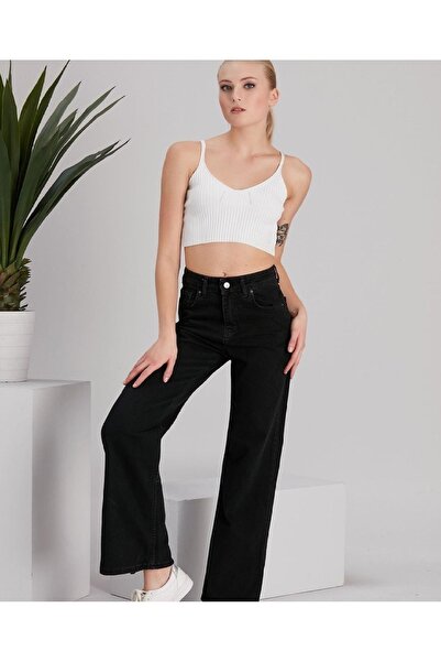 SHEVEGA Black High Waist Wide Leg Ripped Flare Jeans Wide Leg Jeans