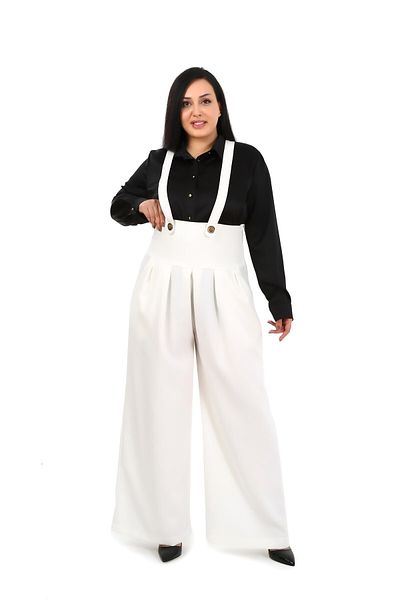 DISENTIS MODEST Large Size Front Pleated Pocket Strappy Button Detailed Wide Leg White Trousers