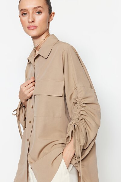 Trendyol Modest Kő ujjú, állítható húzózsinórral részletes szőtt pamut ing TCTSS23TG00011