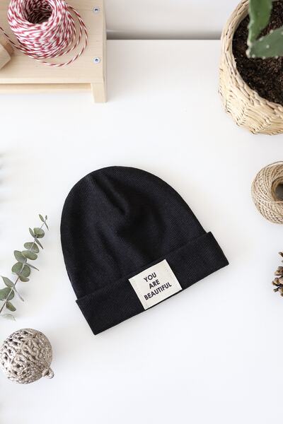 Doğan Collection Ribbed Black Beret with Text Label