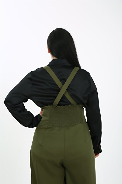 DISENTIS MODEST Large Size Wide Leg Khaki Trousers with Pleated Front Pockets and Straps and Button Detail