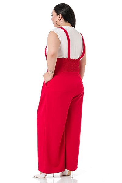 DISENTIS MODEST Large Size Front Pleated Pocket Strap Button Detailed Wide Leg Red Trousers