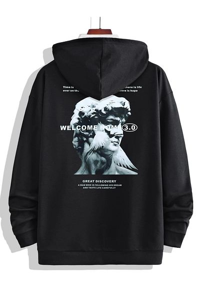 Mythologie Welcome Home Εκτυπωμένο Unisex Φούτερ τσέπης με μαύρη κουκούλα καγκουρό