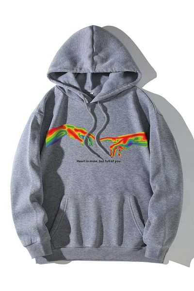 Mythologie Michelangelo Slogan Printed Unisex Oversize γκρι φούτερ με κουκούλα καγκουρό τσέπη