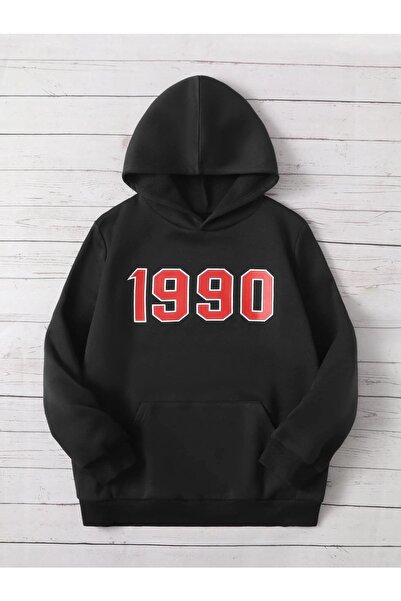 Mythologie Φούτερ τσέπες καγκουρό με στάμπα Unisex Oversize Μαύρη κουκούλα 1990