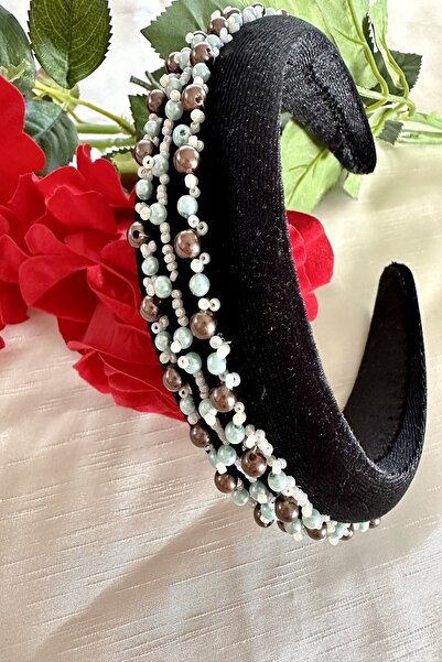 alsaccessories Μαύρη βελούδινη κορώνα με πράσινο, καφέ μαργαριτάρι και κεντημ...