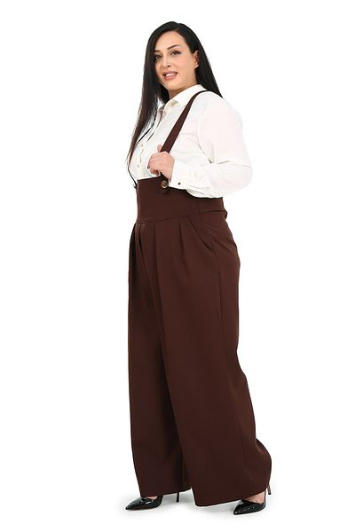 DISENTIS MODEST Plus Size Wide Leg Brown Trousers with Pleated Front Pockets and Straps and Button Detail