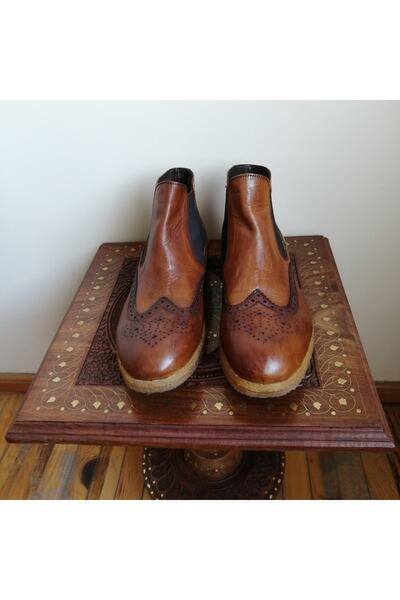 Butik Tülin Uniseks Hakiki Deri Taba Antik Zımba Delikli Çift Yüz Lastikli Kauçuk Kaymaz Tabanlı Bot