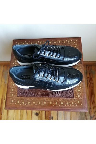 Giuseppe Mengoni Genuine Leather Black Crocodile Print Laced Thick Eva Sole Soft Shoes