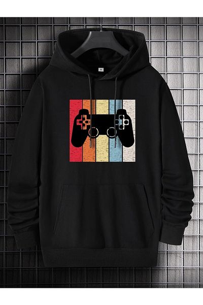 Mythologie Κονσόλα παιχνιδιών με στάμπα Unisex Oversize Μαύρη κουκούλα καγκουρό φούτερ