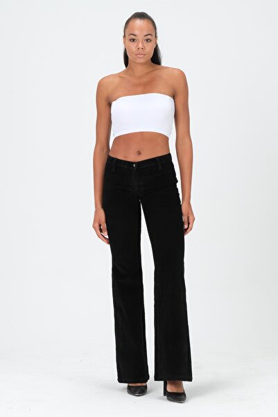 Barkaist Kadın Siyah Düşük Bel İspanyol Paça Fitilli Kadife Pantolon