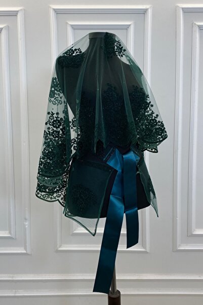 ZEYMERADE طقم حجاب زفاف منقوش باللون الأخضر الزمردي اللامع، حجاب الحناء