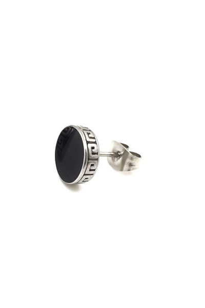 Chavin Men's Earrings - Grey Steel and Black Enamel, Greek Motif, Dy97by