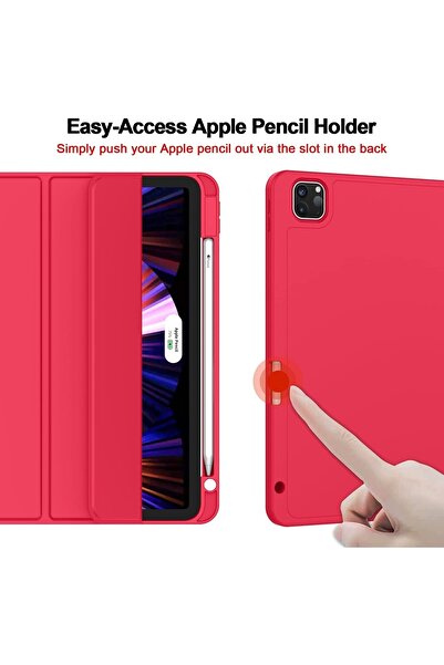 UnDePlus Apple Ipad Pro 12.9 4th Generation and 3rd Generation Case with Pen Charge Pen Compartment 2018 - 2020 Red