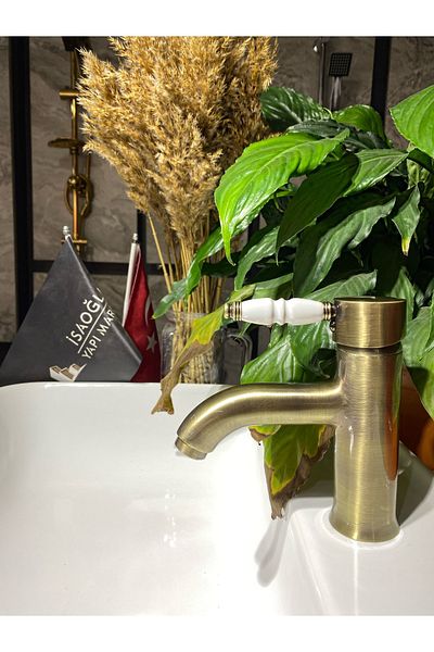 İSAOĞLU YAPI Matte Gold Sink Faucet Antique Sink Faucet Gold Sink Faucet Porcelain Vintage Design