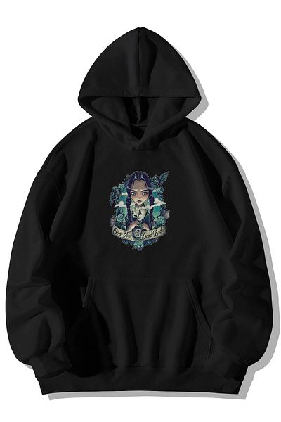 Harmandar Hanorac cu glugă unisex cu buzunar cangur negru cu imprimeu Wednesday Addams