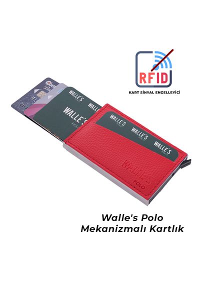 Walle's Polo Unisex Red Leather Rfid Protected Automatic Aluminum Mechanism Card Holder