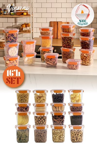 Vienev 16-Piece Master Sealed Deep Rectangular Storage Container Set 4x(2100,1000) 8x(1575) Orange