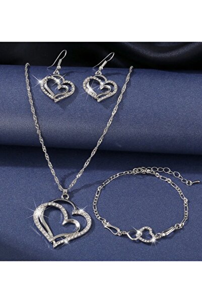 Modaadresiniz Platin Kaplama Kalp Model Kolye Küpe Bileklik Takı Seti