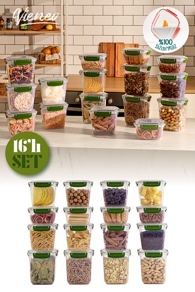 Vienev 16-Piece Master Sealed Deep Rectangular Storage Container Set 4x(2100,1000) 8x(1575) Green