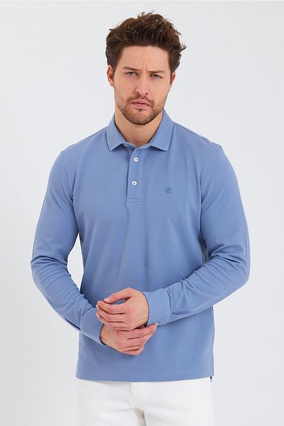 ENQUE Tricou albastru de bază cu mânecă lungă, cu gât polo, pentru bărbați