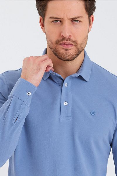 ENQUE Tricou albastru de bază cu mânecă lungă, cu gât polo, pentru bărbați