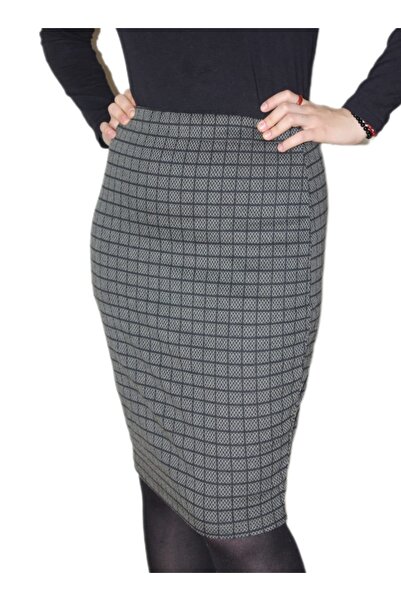 NEFA TİCARET Pötikare Desen Koyu Yeşil Beli Lastikli Kalem Etek