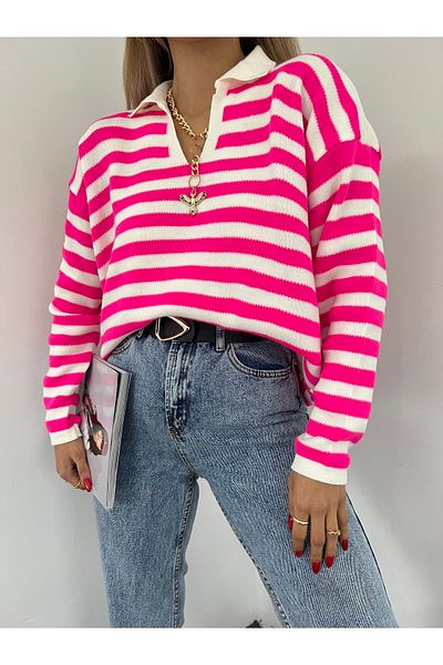 Jose Clothing Pulover de damă roz neon alb cu guler polo cu mânecă lungă în dungi