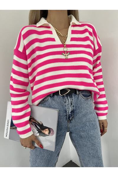 Jose Clothing Pulover de damă roz neon alb cu guler polo cu mânecă lungă în dungi