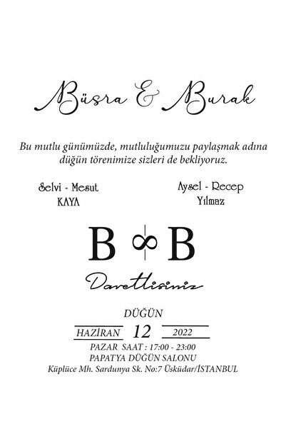 Belinay Düğün Davetiyesi 110 06 (50 ADET)