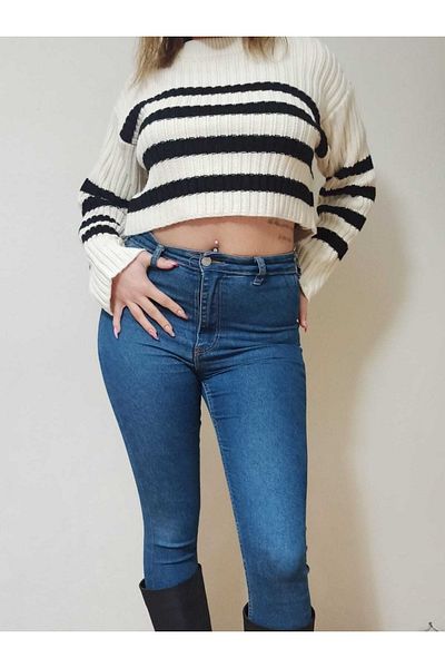 BAHHAR Tricotaj cu dungi negre pentru femei Pulover crop Mărimea potrivită S-m-l-xl