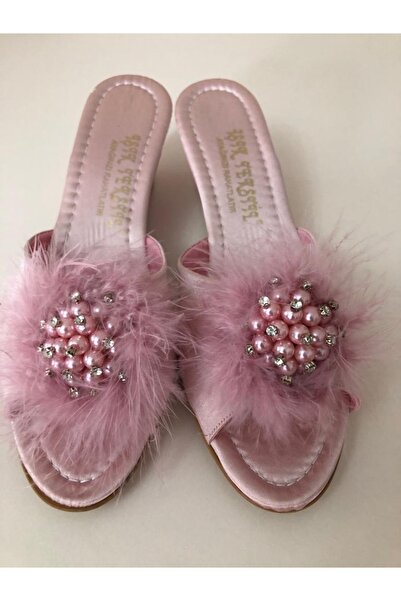 Işık Tekstil Tüylü Krem Kadın Çeyizlik Topuklu Gelin Ev Terliği