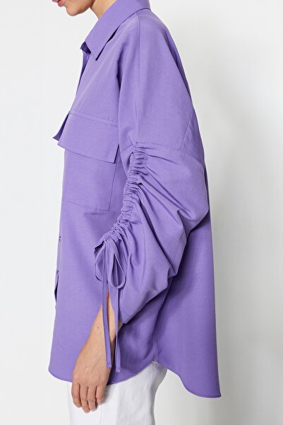 Trendyol Modest Lila ujjú, állítható húzózsinórral részletesen szőtt pamut ing TCTSS23TG00011